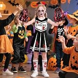Luckyou Zombie kostium cheerleaderki, dla dziewczynki, na Halloween, kostium zombie, kostium dla dzieci z pomponami, naklejka z horroru, kostium cheerlearding, Halloween, karnawał, czarny, 140