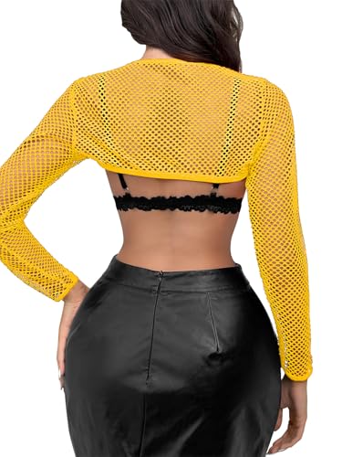 Image of Lilosy Sexy Fishnet Mesh Sheer Crop Top Long Sleeve Shrug Shirt Rave Outfits Cover Up One Piece(No Bra)