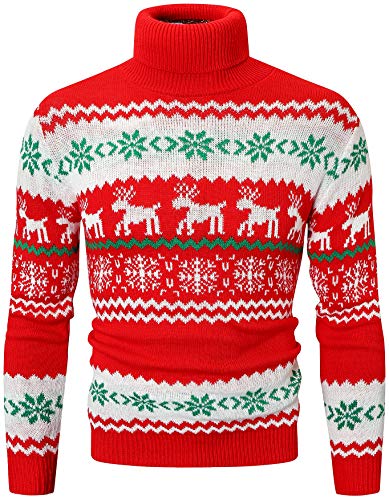 Men's Christmas Sweater, Fashion Christmas Snowflake Reindeer Knit Turtleneck Pullover Sweater Tops, Christmas Red, Medium #TOP1