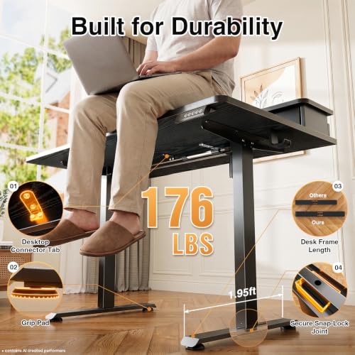 Image of Veken 47x28 in Electric Standing Desk with Drawers, Adjustable Table, Black | Stand up Computer Desk for Home Office, Work & Study, with Storage, 3 Memory Presets, Cable Organizer, Hook, and Quiet Lift.