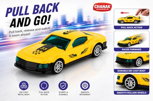 Image of Chanak Die-cast Car - Metal Pull Back Toy Car with Smooth Wheels - Racing Toy with Zinc Alloy Body - Pull Back Sports Cars with Smooth Edges - Vehicle Toy Car - Gift for Kids 3+ Year (Yellow)
