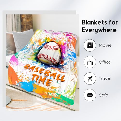 Baseball Blanket, Cozy Soft Throw Blankets for Kids, Cool White Flannel Throw Gifts for Bed Couch, 60x80 Inches