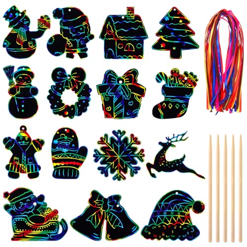 JOLCEEY 60 Stück Weihnachten Kratzbilder Set, Kratzpapier zum Basteln...