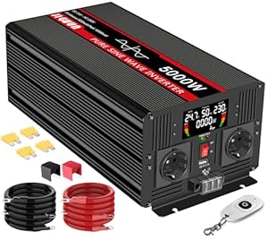 JIGUUN 5000W 10000W Wechselrichter 24V auf 230V Reiner Sinus Spannungswandler mit LCD-Anzeige, AKabellose Fernbedienung, 2 EU Steckdosen, 1 USB, Geeignet für Wohnmobil, Camper, LKW, Kfz Konverter