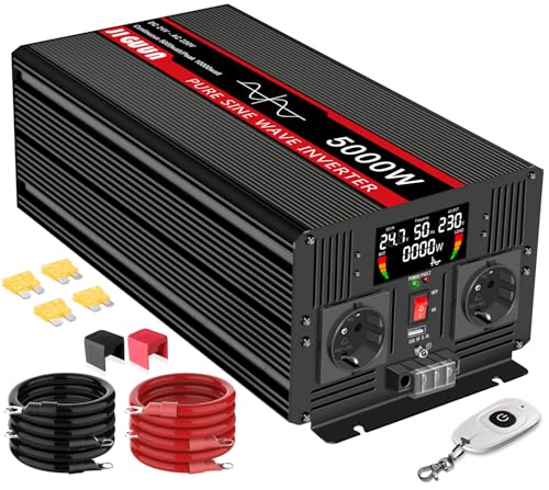 JIGUUN 5000W 10000W Wechselrichter 24V auf 230V Reiner Sinus Spannungswandler mit LCD-Anzeige,AKabellose Fernbedienung,2 EU Steckdosen,1 USB,Geeignet für Wohnmobil,Camper,LKW,Kfz Konverter
