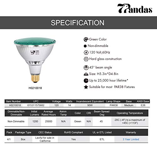 7Pandas Green Led Par38 Flood Light Bulbs, True Color Full Glass Outdoor Waterproof Led Lights, E26 Base (90W Halogen Equivalent), 1200 Lumen For Porch, Halloween, Christmas, Holiday Lighting, 4-Pack #TOP6