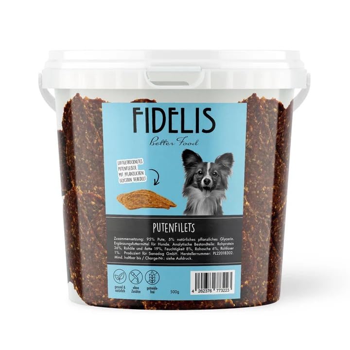 Fidelis – Putenfilets für Hunde im wiederverschließbarem 500gr-Eimer - Luftgetrocknete Hunde Leckerlis aus 100% natürlichen Rohstoffen
