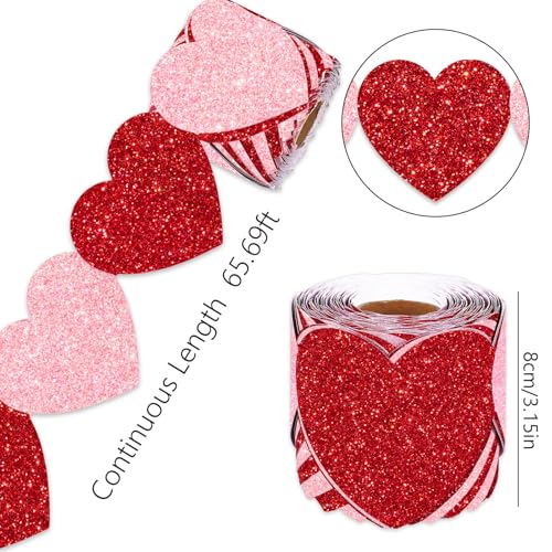 Image of Whaline 65.6ft Heart Bulletin Board Border Glitter Pink Red Heart Shaped Die-Cut Border Trim for Valentine's Day Anniversary Chalkboard Decoration