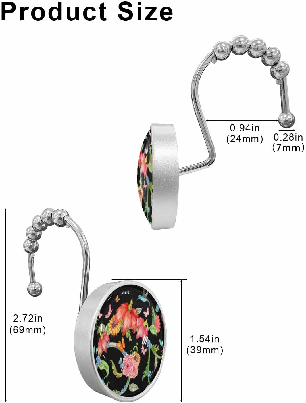 Shower Curtain Hooks Set of 12 Windless Texture with Arabesque Crystal Glass Shower Curtain Rings for Bathroom Decorative Stainless Steel Rust Proof Roller Shower Curtain Hangers