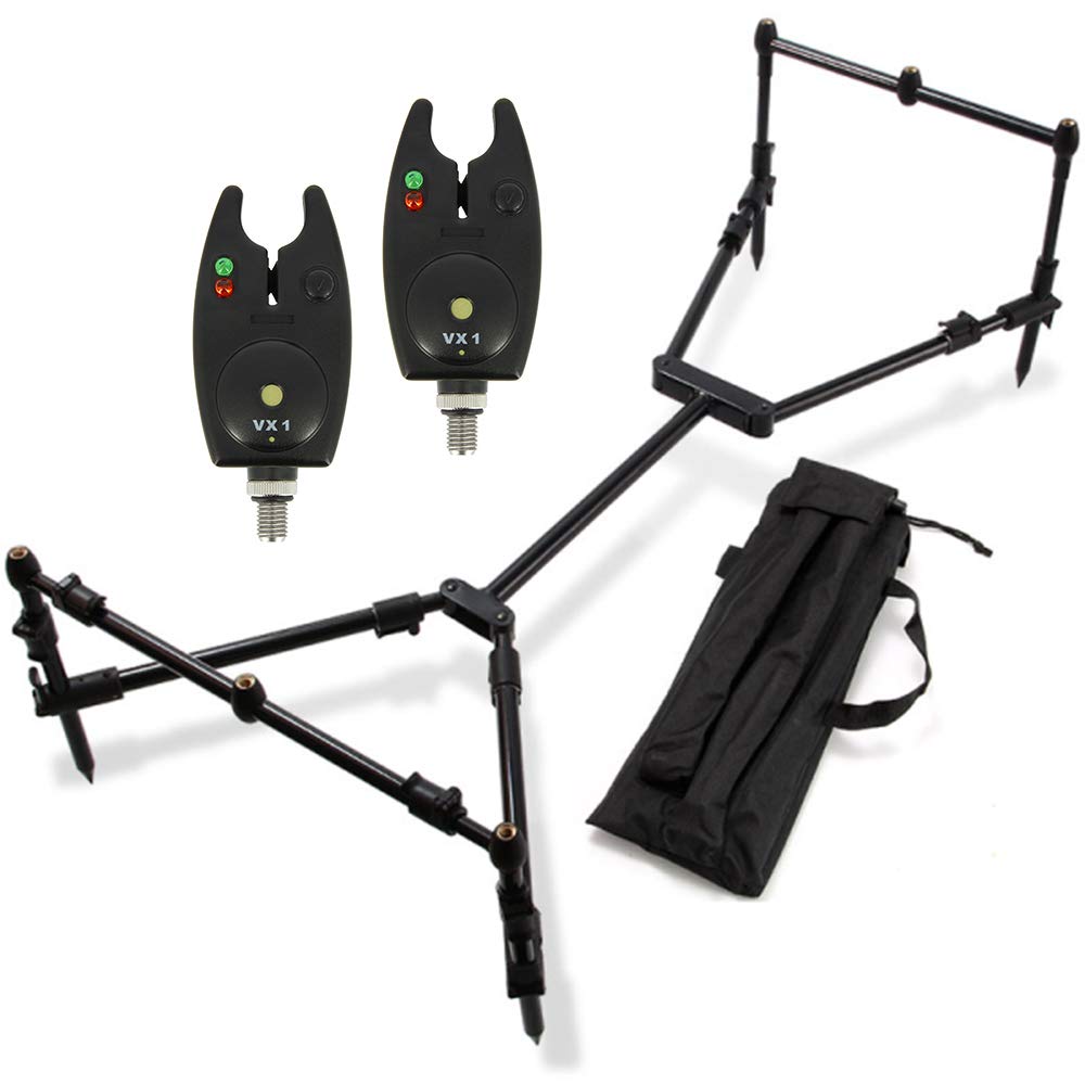 G8DS® Set Rod Pod Rutenhalter mit 3 Bank Sticks + Tragetasche inklusive 2 Bissanzeiger mit Lautstärkeregler und LED´s Aufbewahrungstasche, Karpfen, Angeln