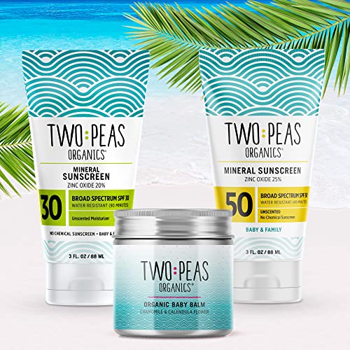 Two Peas Organics - All Natural Organic Spf 50 Sunscreen Lotion - Coral Reef Safe - Baby, Kid & Family Friendly - Chemical Free Mineral Based Formula - Waterproof & Unscented – 3Oz #TOP7