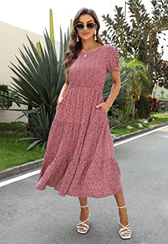 Image of NAVINS Womens Floral Print Modest Wedding Guest Midi Dress with Pockets | Puff sleeve tiered boho dress for summer, church, and vacations. Elastic waist, Below knee, hand or machine wash.