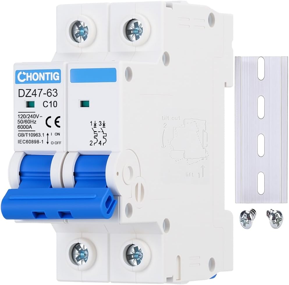 Miniature 10Amp 2 Pole 120/240V Circuit Breaker Thermal Magnetic Trip | DIN Rail AC Disconnect for Solar AC System C10, RV, Low Voltage Prot