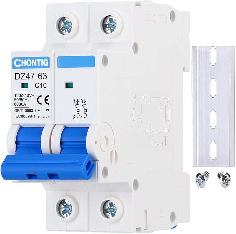 Miniature 10Amp 2 Pole 120/240V Circuit Breaker Thermal Magnetic Trip | DIN Rail AC Disconnect for Solar AC System C10, RV, Low Voltage Prot