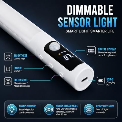 Image of Gesto 40CM Rechargeable Motion Sensor LED Light for Wardrobe, Cabinet, Kitchen, Under Stairs & Shelf, 2400mAh Closet Light, 3 Color Modes, Adjustable Brightness, Magnetic Night Light for Study Table