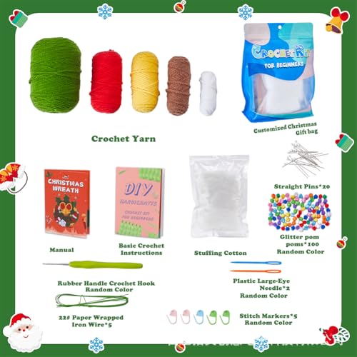 SUNNYCLUE Christmas Crocheting Kits Christmas Wreath Crochet Kit Knitting Beginner Kit Step-By-Step Video Tutorials Instruction Xmas Knitting Kits for Beginners Adults Women Holiday DIY Craft Gifts - Image 3