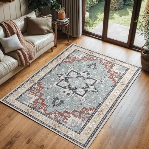 Lofus 3x5 Area Rugs for Living Room, Machine Washable Area Rug, Soft Small Rugs for Bedroom, Kitchen, Office and Indoor, Vintage Boho Carpet, Non-Slip Low Pile Carpets, Beige Orange