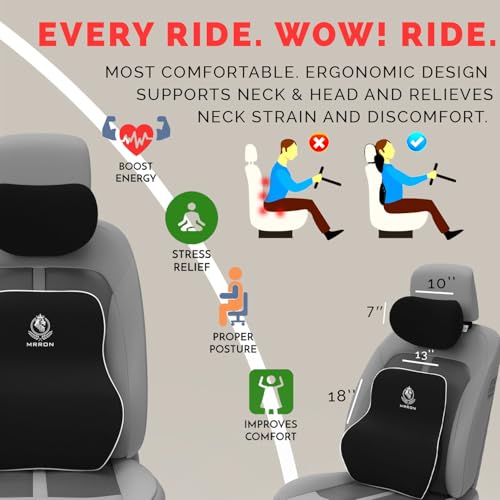 Image of MRRON Series Memory Foam Neck Rest & Lumbar Support for Car or Office Chair, Neck Pillow Kit Designed Ergonomically for Extra Support (Black, Long Bac)
