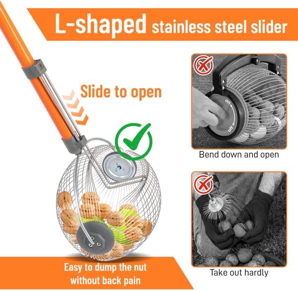 Nut Gatherer Roller, Nut Picker Upper for Pecans, Acorns, Hickory Nuts, Sweet Gum Balls, Golf Balls, Stainless Steel Nut Collector with Adjustable Handle, Yard Cleanup Tool