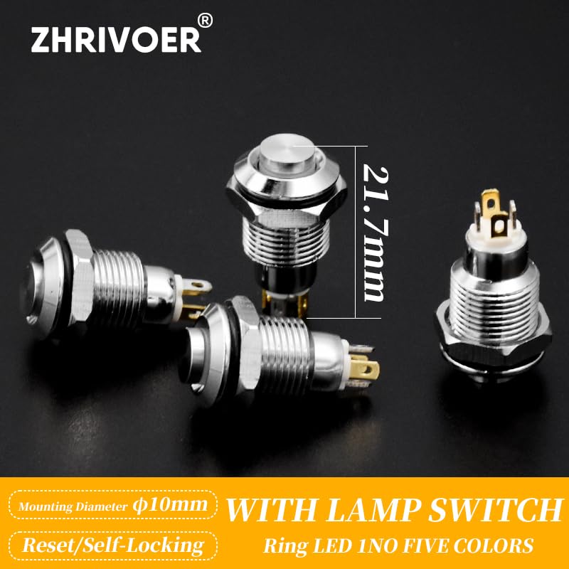 1pc 10mm Metal Push Button Switch with LED Indicator Self-Reset Momentary 4pins High Head 3v5v12v24v220v(Red,12-24V)