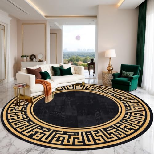 Black Gold Greek Key Round Area Rug Neoclassical Luxury Circular
