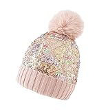 Yanmucy - Sombrero de invierno con borlas desmontables para mujer, gorro de punto con lentejuelas, gorro de esquí brillante para mujer y niñas, champán, Talla única