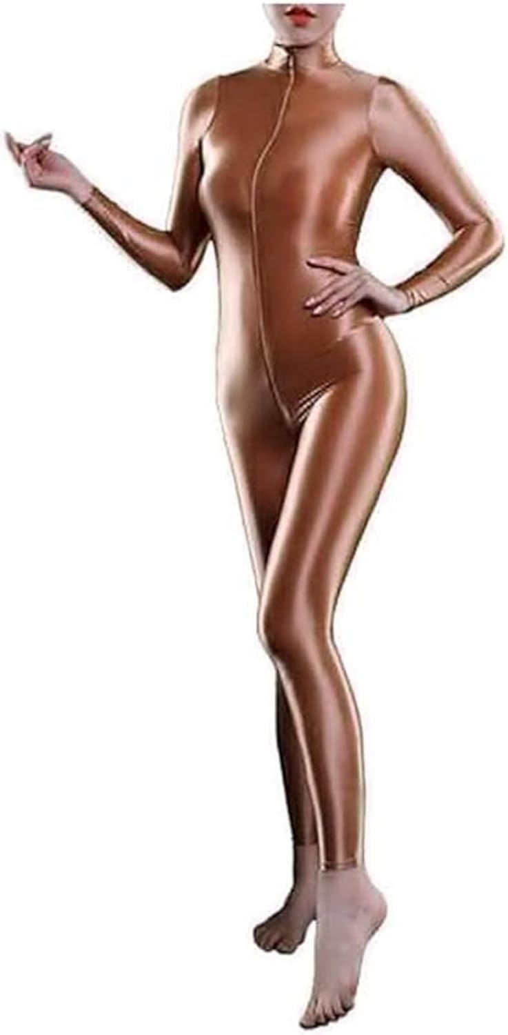 Xinxin Woman's Shimmery High Neck Long Sleeve Footless Zipper Bodysuit Catsuit Unitard Zentai Costume