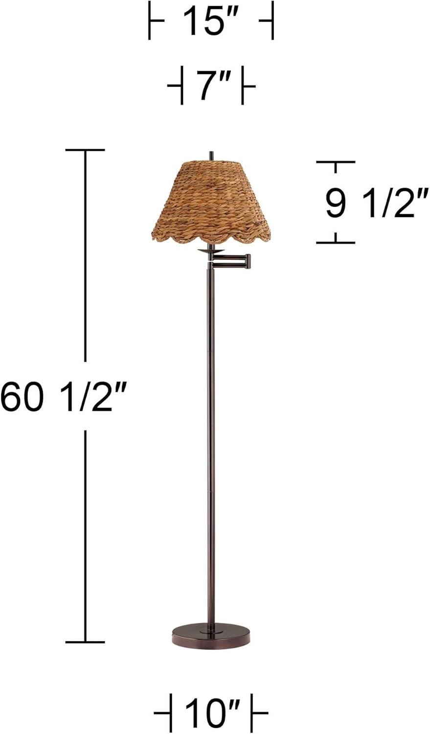 360 Lighting Modern Coastal 60" Tall Standing Floor Lamp Skinny Adjustable Swing Arm Pole Brown Metal Bronze Finish Cottage Core Living Room Bedroom House Reading Natural Water Grass Rattan Shade