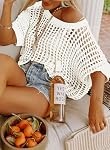 KISSMODA Été Femmes Casual Col rond Pull-over Sweater à manches courtes Crochet Hollow Out Chemise Couvrez la plage