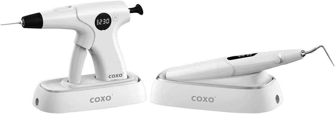 COXO C-FILL MINI Obturation System, showing both the gun and pen units on their charging bases.