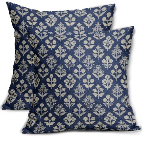 Sivirary Dark Blue Floral Block Print Pillow Covers 20x20 Inch Set of 2, Vintage Flower Pattern Decorative Throw Pillowcases Outdoor Farmhouse Cushion Covers Spring Summer Rustic Sofa Couch Bed Decor