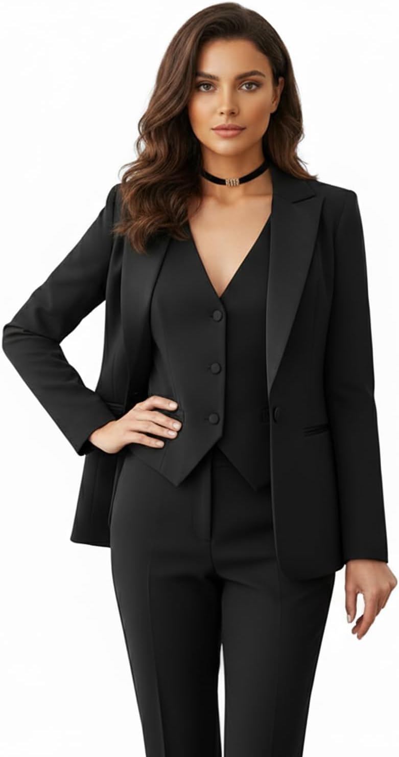 Women's Suiting Pantsuit 3 Piece Set Black Wedding Business Office Casual Pant Suits