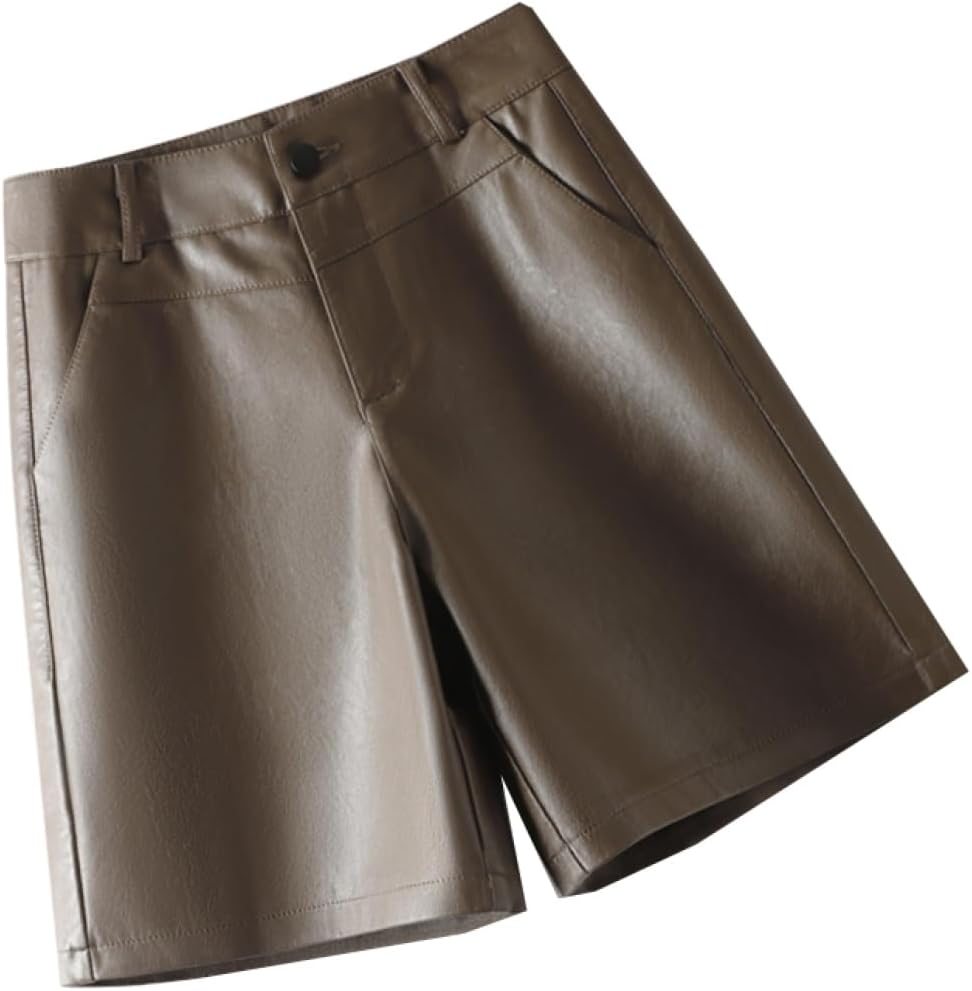 [MeipingQu] ハーフパンツ レザーショートパンツ ワイドパンツ PUパンツ 秋冬 通勤 革パン ハイウエスト セクシー レ