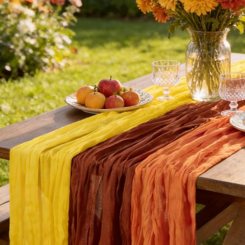 Image of Cheesecloth Table Runner Fall Boho 3pcs Mix and Match Wedding Decor | Terracotta Orange Yellow Rustic Gauze 10FT Cheese Cloth Sheer Farmhouse Runner for Wedding Party Holiday Decorations