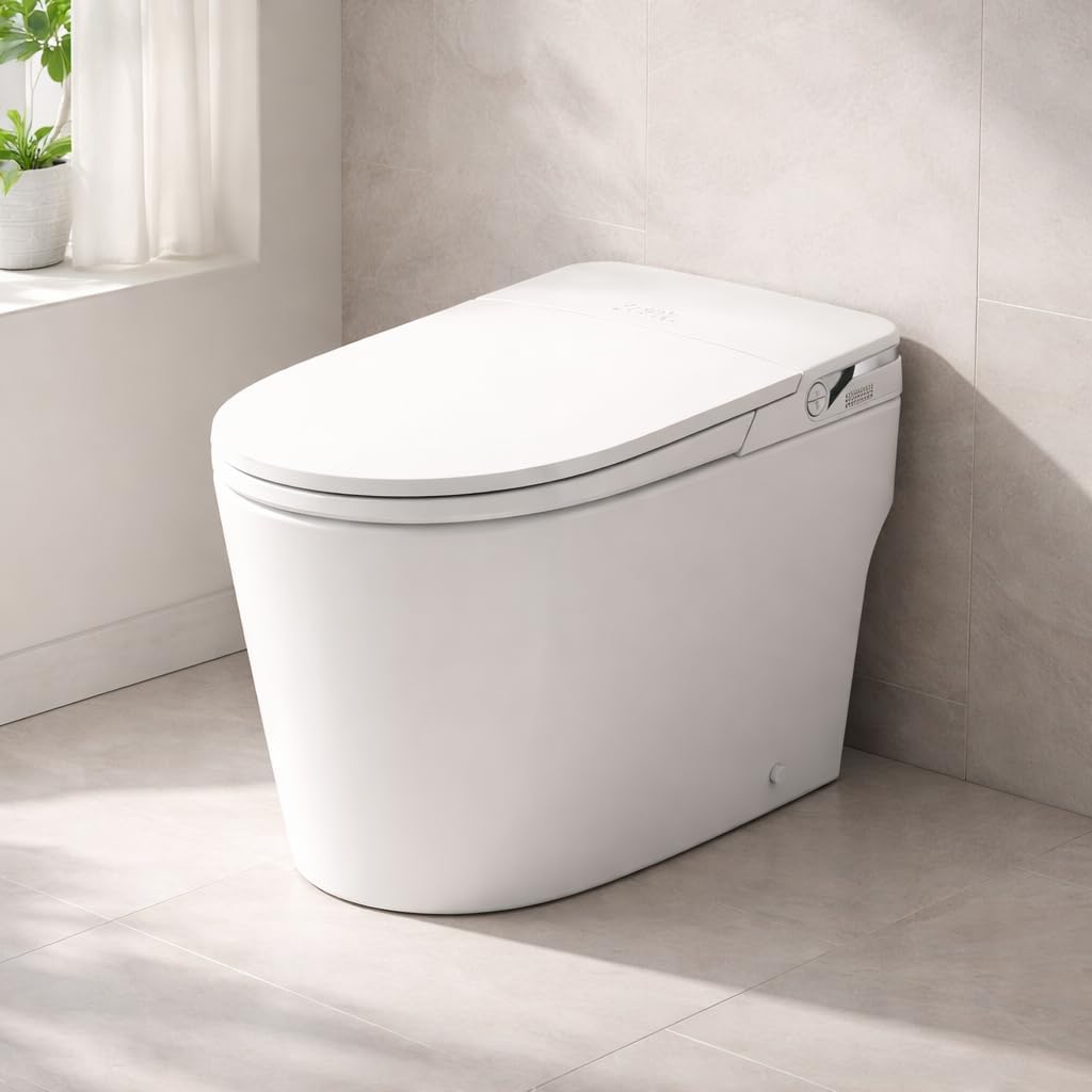 Inodoro inteligente de una pieza con bidet integrado – Grado comercial y altura ADA, tapa automática de apertura/cierre, descarga sin contacto con el pie, asiento calefactado y agua tibia instantánea (control remoto incluido) miniatura 1