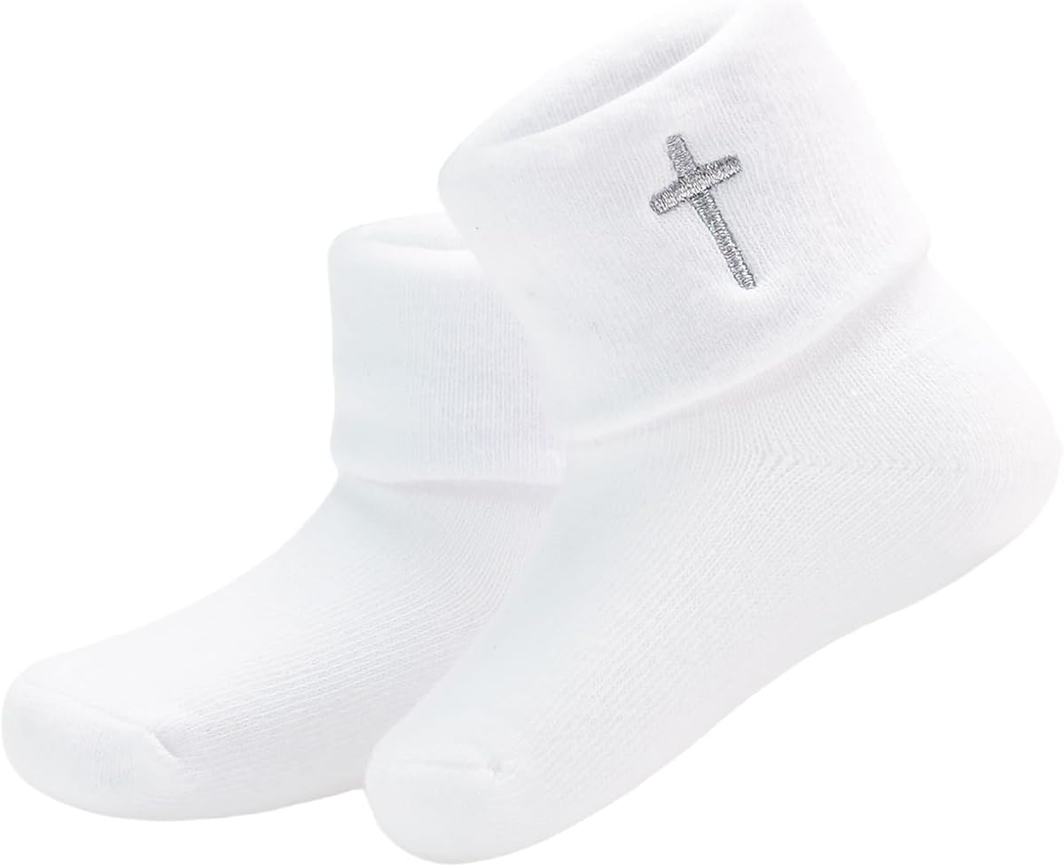 Baptism Socks for Baby Newborn White Turn Cuff Cross Socks,Toddler Ruffle Sock Christening Outfits for Boys Girls