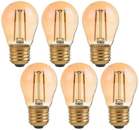 2 Watt Vintage Edison LED Bulbs, Globe LED Filament Bulb, 2200K Ultra Warm White, E26 Base, A15 Amber Glass Antique Gold Tint, 25W Incandescent Replacement, Dimmable, Pack of 6