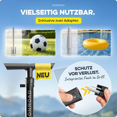 Fahrradpumpe alle Ventile (SV/AV/DV) – Luftpumpe Fahrrad ON-AIR Ultra mit Großem Manometer, Adapterfach & Gratis Beutel | Hochwertige Standpumpe mit Klappbaren Standfuß und Abnehmbaren Griff