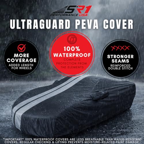 SR1 Performance USA C8 Corvette Car Cover - Ultraguard PEVA Indoor/Outdoor Waterproof All Season - Custom High End Fit for 2020-2026 Stingray, Z51, Z06, E-Ray Corvettes (Black with Gray Stripes) by SR1 Performance - Image 3