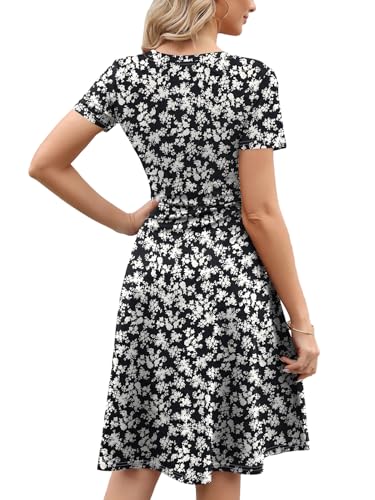Women's Elegant Vintage Summer Casual Dresses Knee Length Floral Print Work A-Line Dress with Pockets 2622