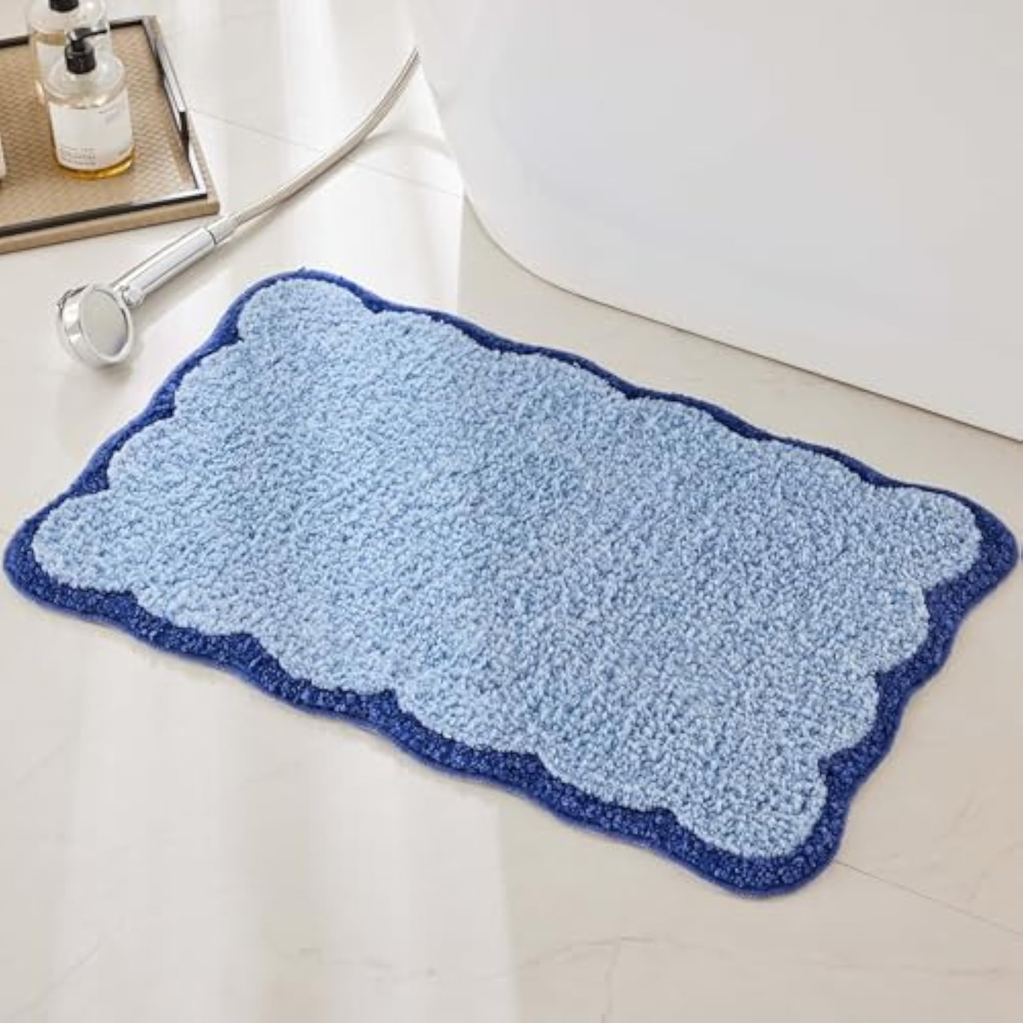 Luxury Microfiber Bathroom Rug, Navy Blue Scalloped Piping