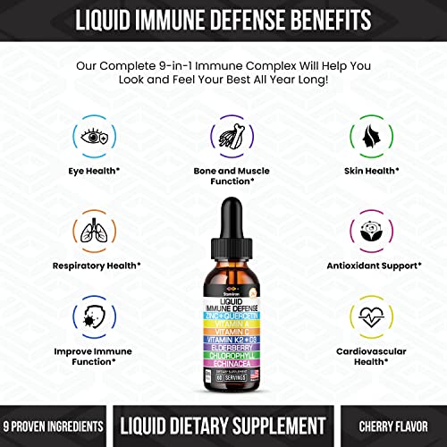 Zinc Quercetin Vitamin C D3 Liquid Immune Support With Vitamin A K2 Echinacea Chlorophyll And Elderberry - 9In1 Immune Defense Drops Complex For Immunity Health Respiratory Health - 60 Servings #TOP2