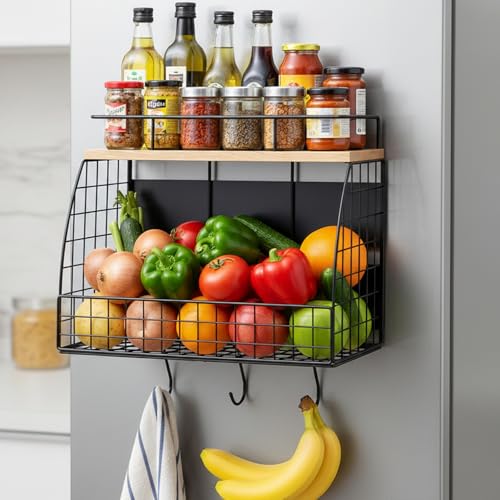 REFGY Magnetic Shelf for Fridge - 35LBS Max Load Magnetic Basket for Refrigerator Side, Large Magnetic Spice Rack with Removable Hooks & Top Natural Texture Board.