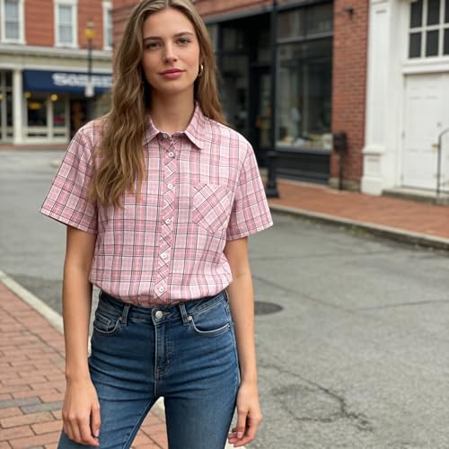Image of SANGTREE Girls and Women Plaid Shirt Short Sleeve Button Down Summer Blouses Tops