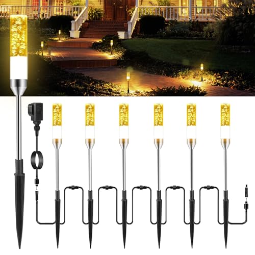 GreenClick Garden Lights Mains Powered, Upgraded LED Garden Spike Lights Extendable to 24 Pathway Light, IP65 Waterproof 12V Low Voltage Outdoor Lighting for Lawn Path Yard(Warm White, 6 Packs)