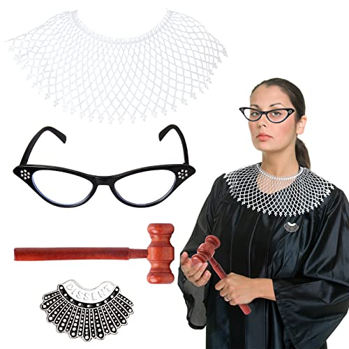 Keymall Judge Costume Accessories Set 4pcs With Lace False Collar Judge Choker Pin Gavel Glasses for Halloween RBG Costume