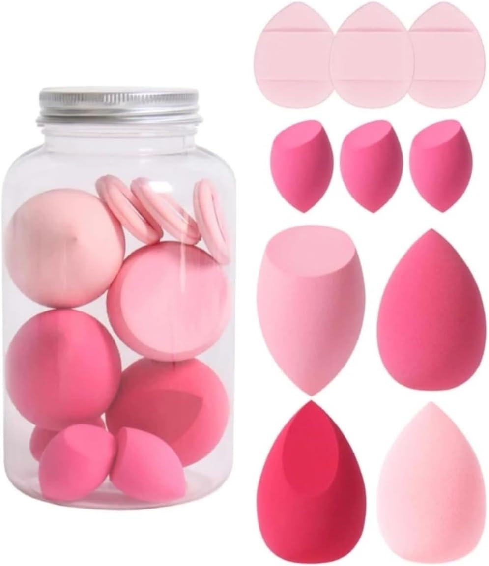 Ultimate Beauty Blend: 10pcs Cosmetics Sponge Set with Storage Jar - Includes 4 Beauty Blenders, 3 Mini Beauty Blenders, and 3 Mini Finger Puffs for Flawless Makeup Application