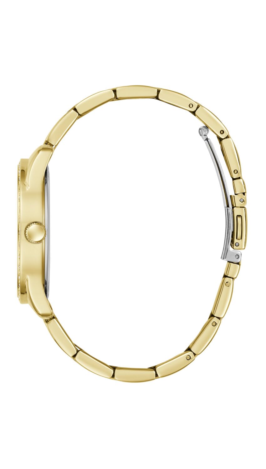 Guess Damen Armbanduhr Roxy mit Zirkonia, goldfarbenes Edelstahlarmband, Mineral Glas, goldfarbenes Ziffernblatt, 3 Bar, Gehäusedurchmesser: 36 mm, GW0987L2