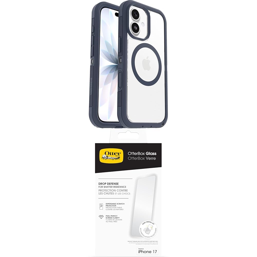 OtterBox Defender Series Pro XT MagSafe para iPhone 17, Testada 7x con estándares Militares anticaídas, Transparente/Azul + OtterBox Glass Protector de Pantalla de Cristal Templado