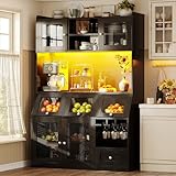 UATARU Kitchen Cabinet with Worktop, USB Port, Buffet Sideboards with Drawer, LED, Glass Door, Living Room, Dining Room